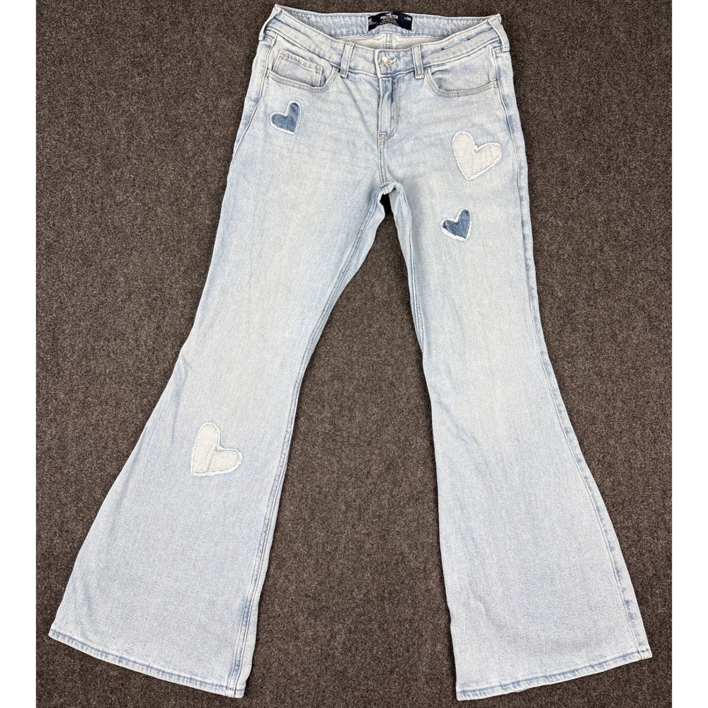 Hollister Low Rise Flare Jeans Heart Patches Light Wash Vintage Stretch 6R 28R